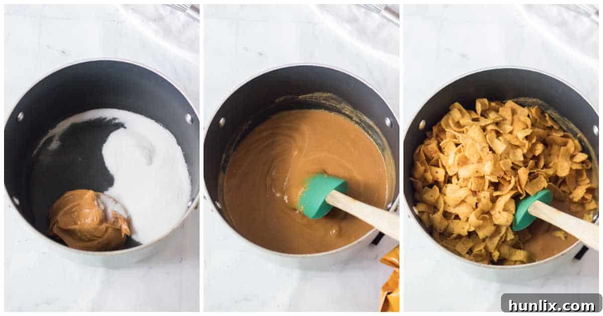 Collage of Frito Candy preparation steps: mixing, dropping onto parchment, and adding toppings.