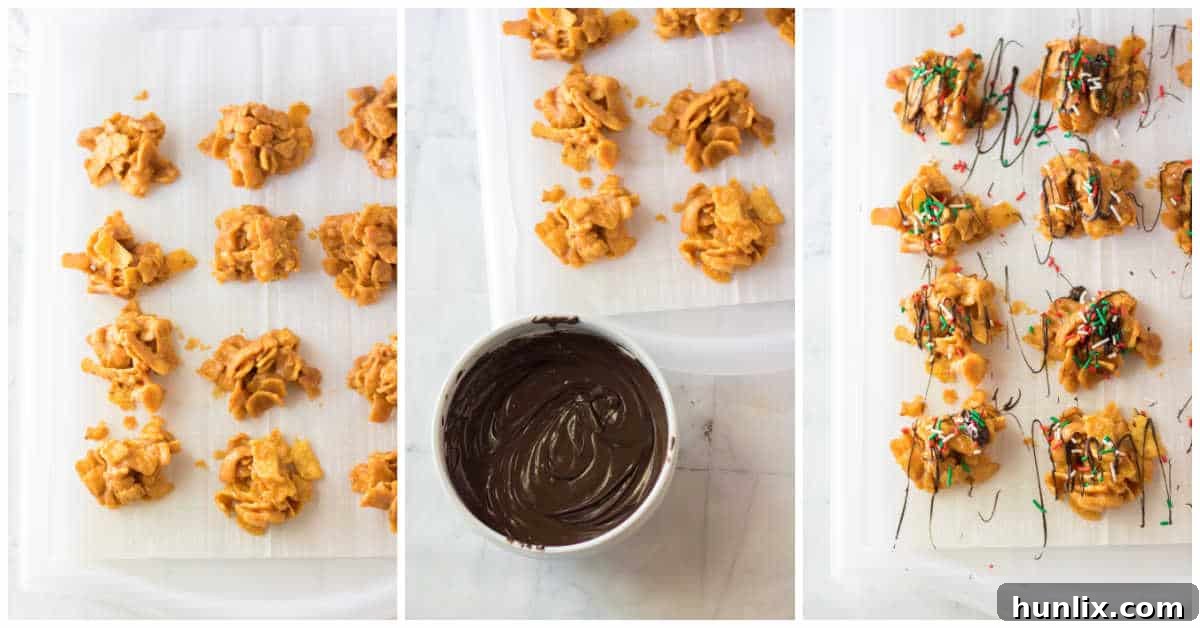 Collage showing the final stages of making Frito Candy, including drizzling chocolate and adding sprinkles.