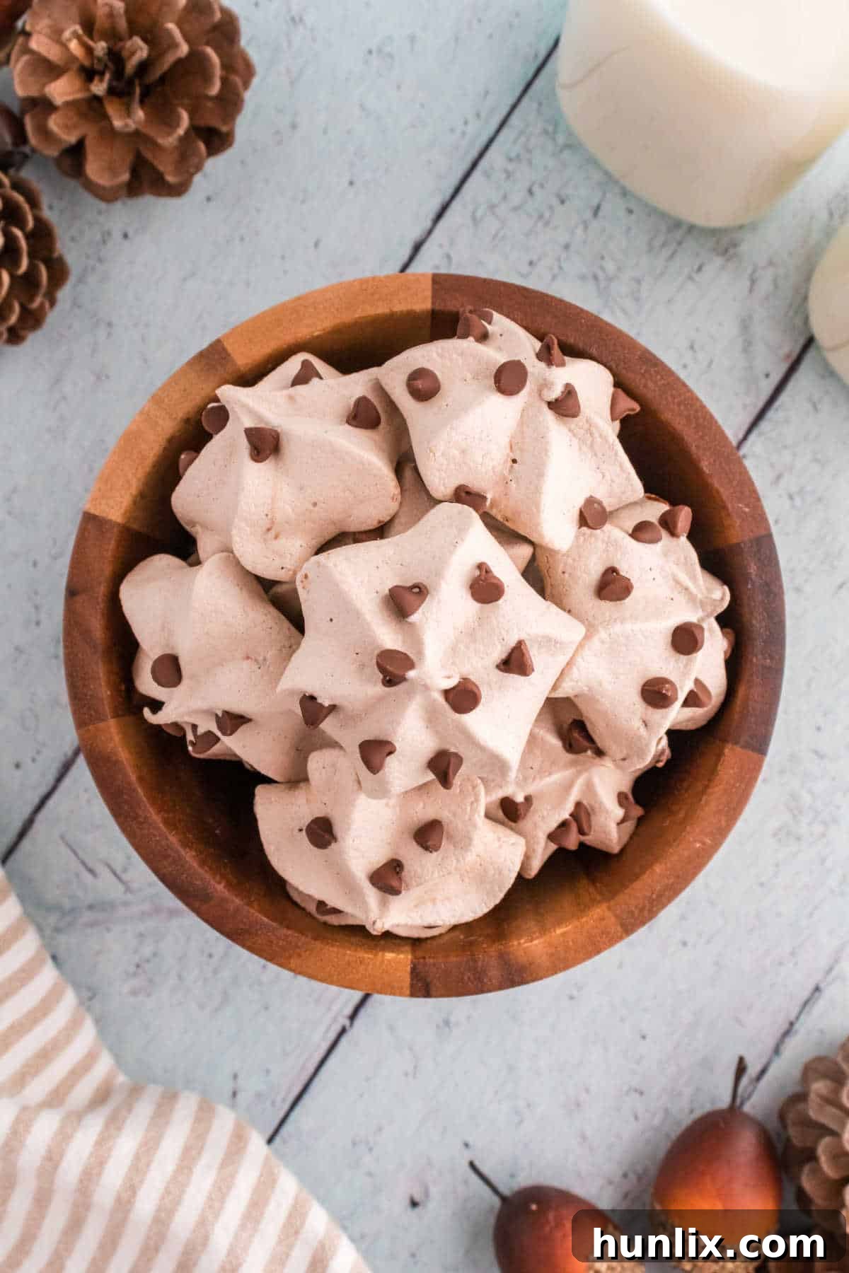 Decadent Double Chocolate Meringues 2 A wooden bowl of double chocolate meringue cookies.