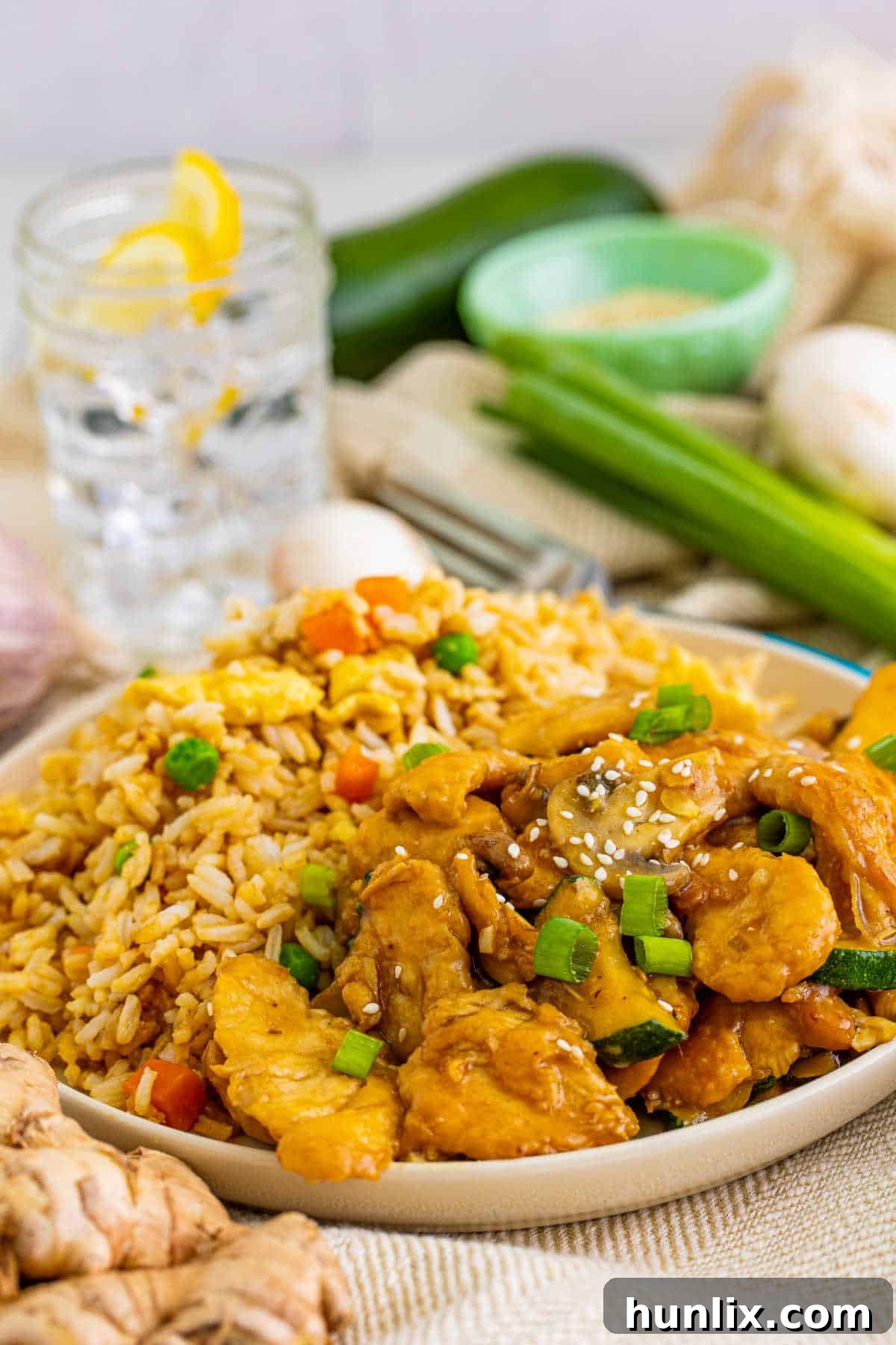 A plate of panda express mushroom chicken on a plate with fried rice.