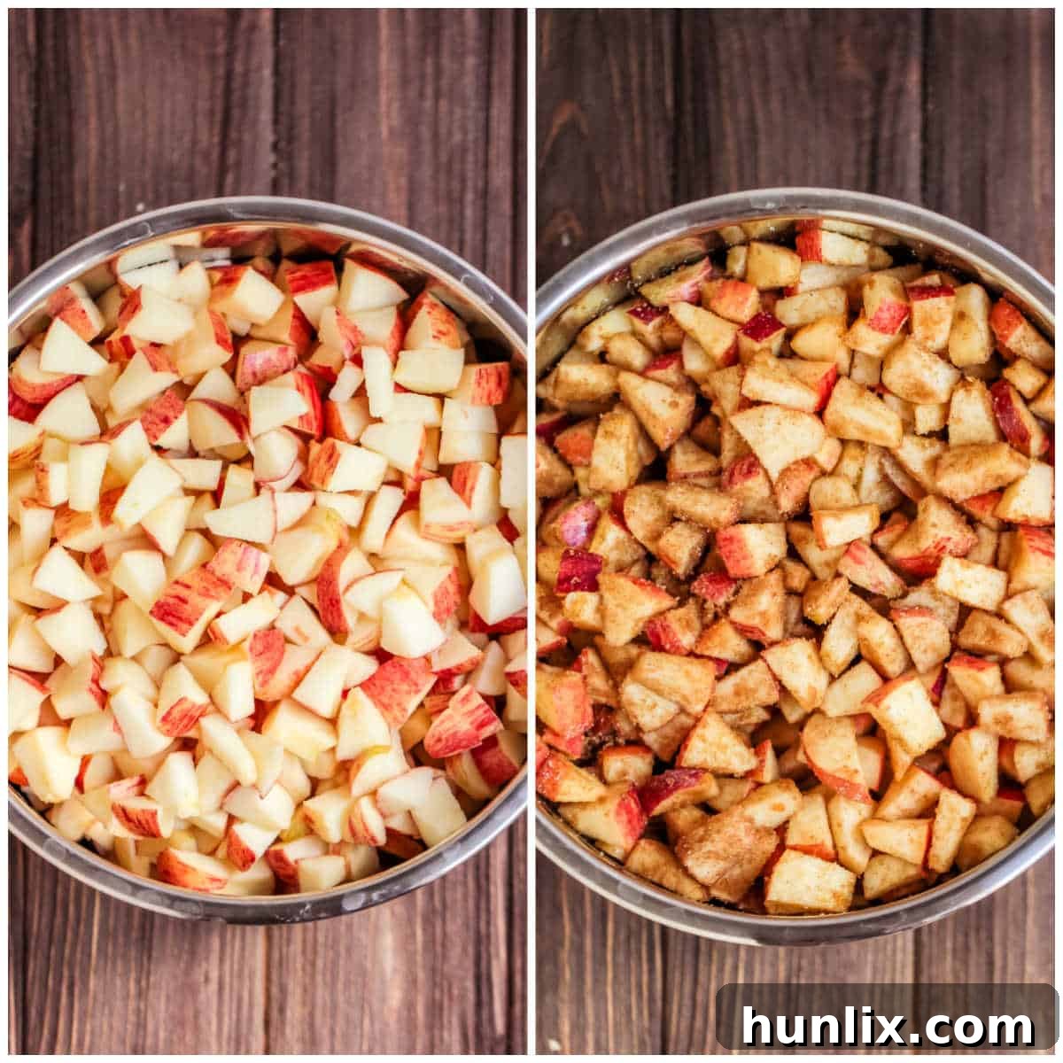 Two images illustrating the initial steps of making Instant Pot Apple Butter: first, chopped apples in the Instant Pot, and second, the spice mixture being added and stirred with the apples.
