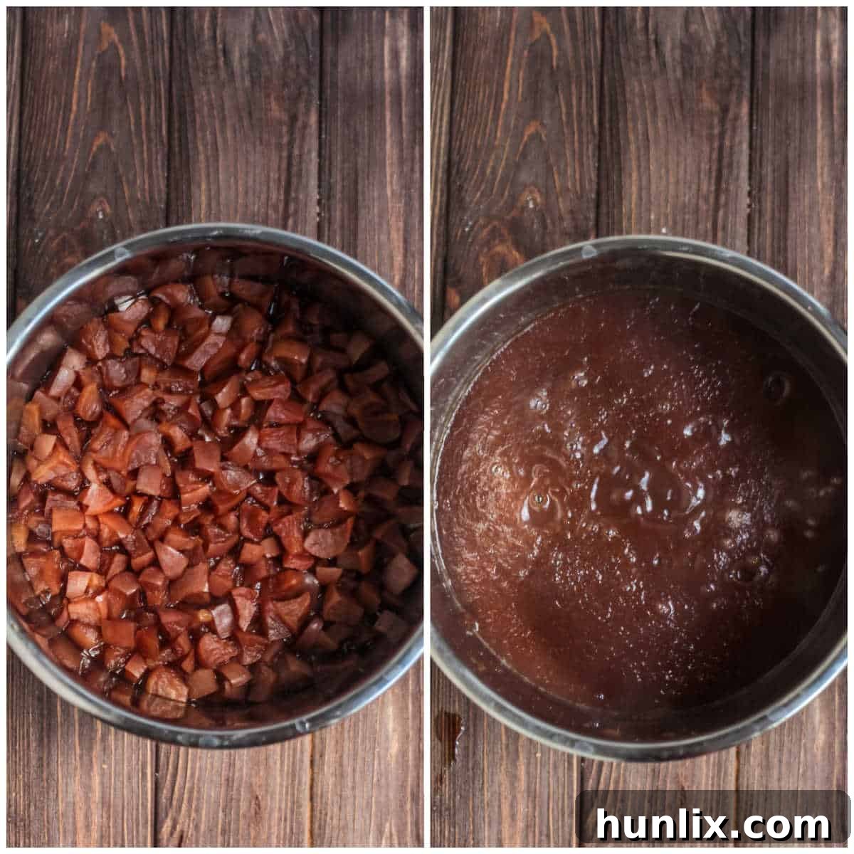Two images showcasing the final steps of making Instant Pot Apple Butter: first, blending the cooked apples with an immersion blender, and second, the finished apple butter being spooned into glass jars.