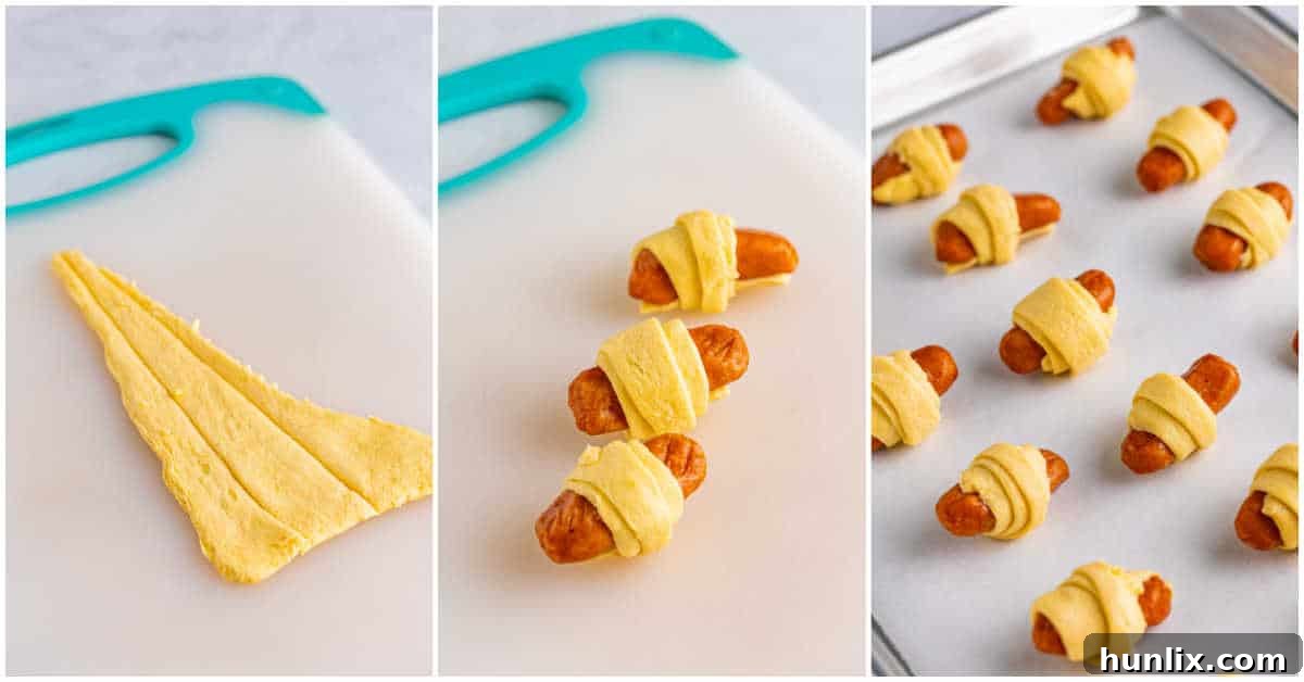 Snuggle Sausages 4 Steps to make pigs in a blanket.
