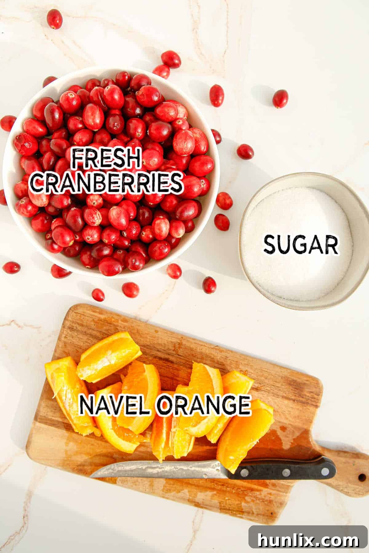 Fresh cranberries, a whole navel orange, and granulated sugar laid out as ingredients for cranberry relish.