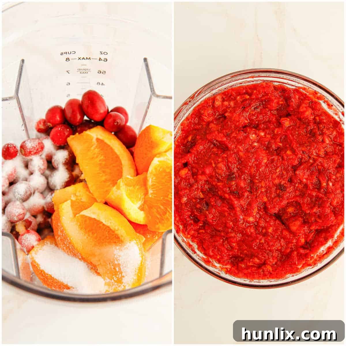 A visual guide showing the process of making cranberry relish, from fresh ingredients to a processed mixture.