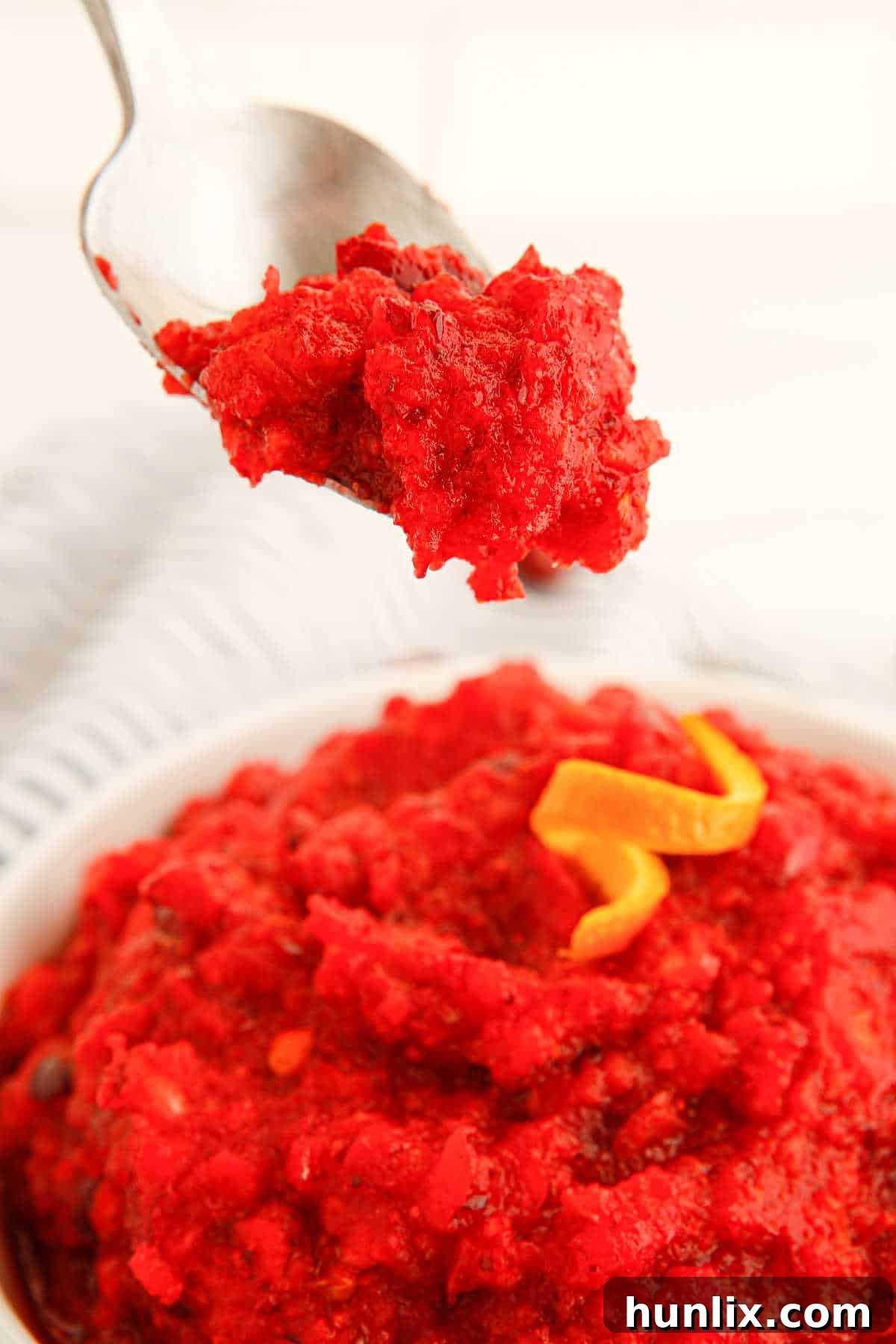 A close-up of cranberry relish scooped onto a spoon, highlighting its textured consistency.
