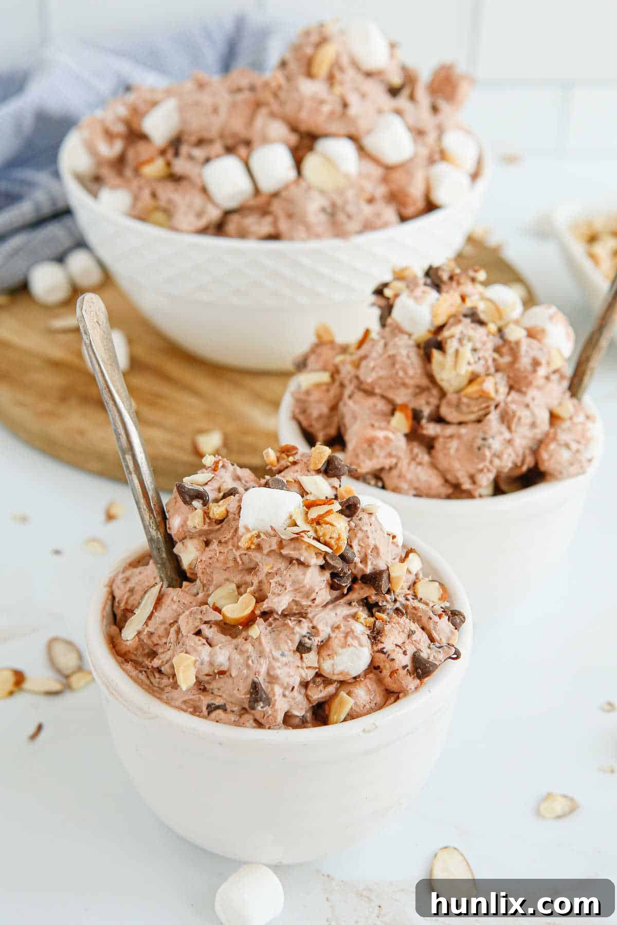 Decadent Rocky Road Dream 6 A second view of Rocky Road Fluff in a decorative bowl, showcasing its creamy texture and abundant mix-ins.
