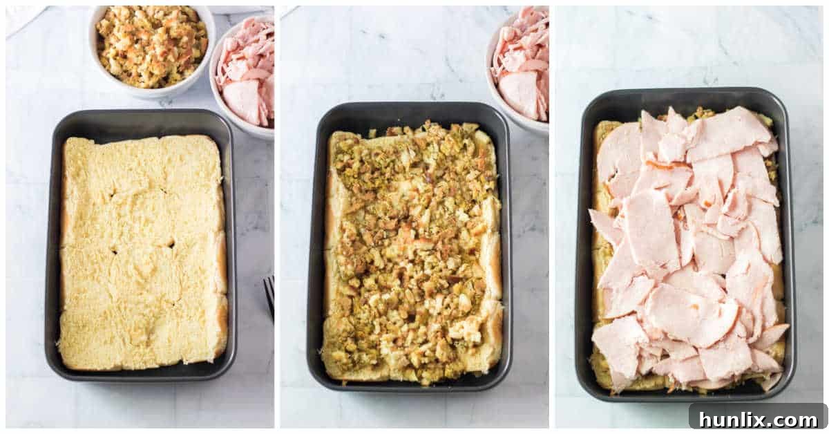 Mid-preparation steps showing turkey and stuffing layered on Hawaiian rolls in a baking dish.