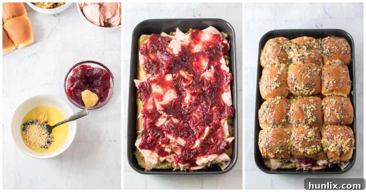 Thanksgiving sliders topped with butter mixture, ready for baking in a pan.