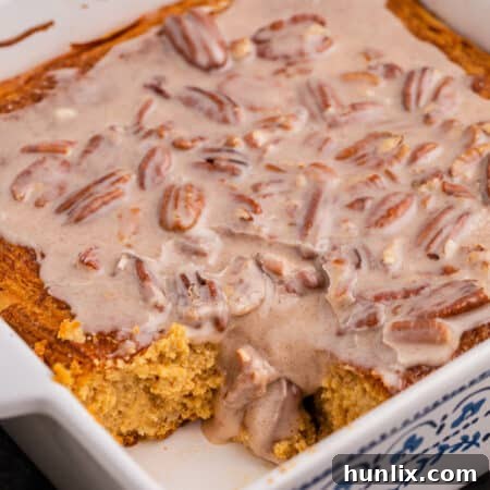 A pan of the recipe with a piece missing.