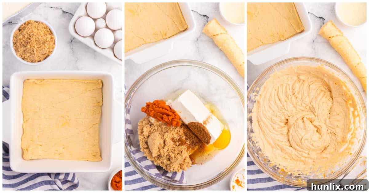 Collage of assembling the bake and making the cream cheese filling.