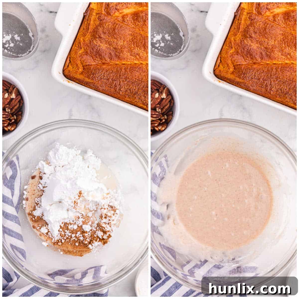 Collage of mixing the glaze in a bowl.