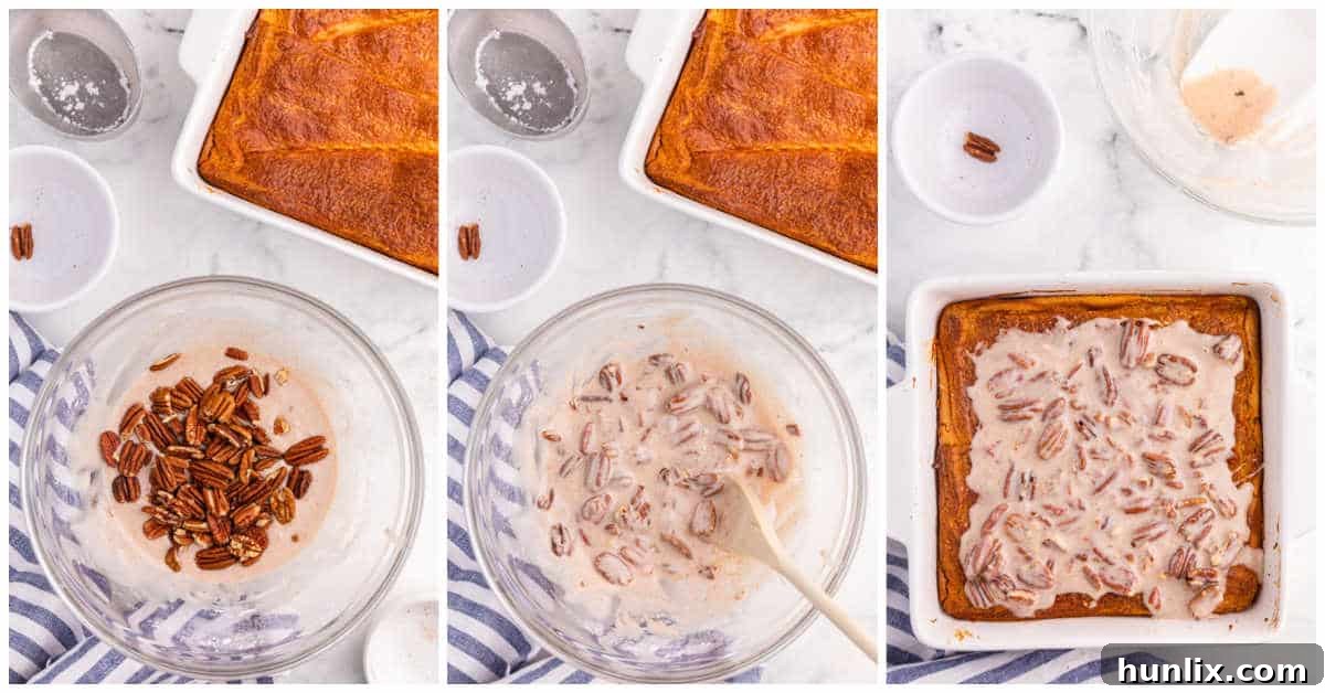 Collage of adding the glaze to the casserole.