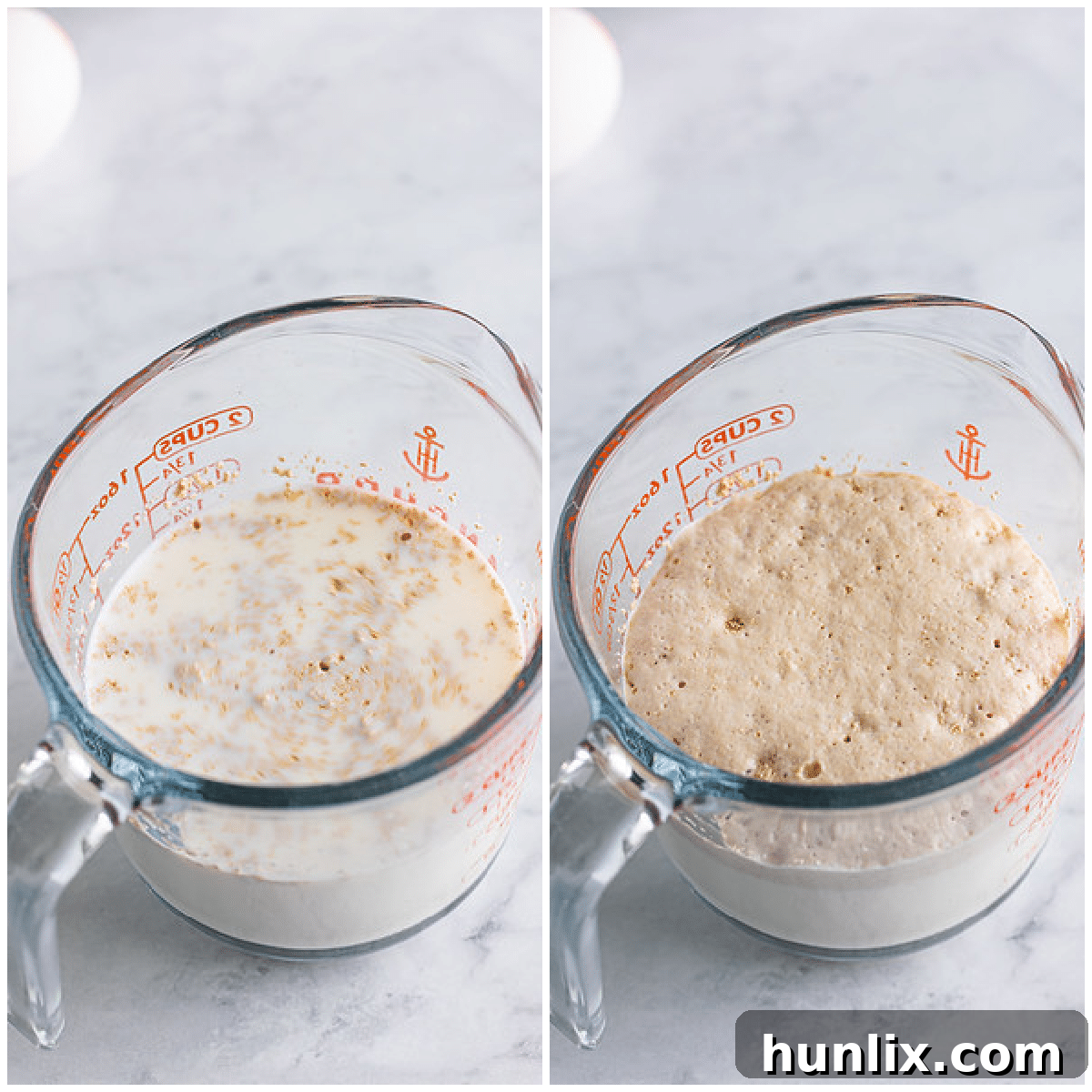 The initial steps for making copycat Texas Roadhouse Rolls, showing milk being warmed and yeast added.