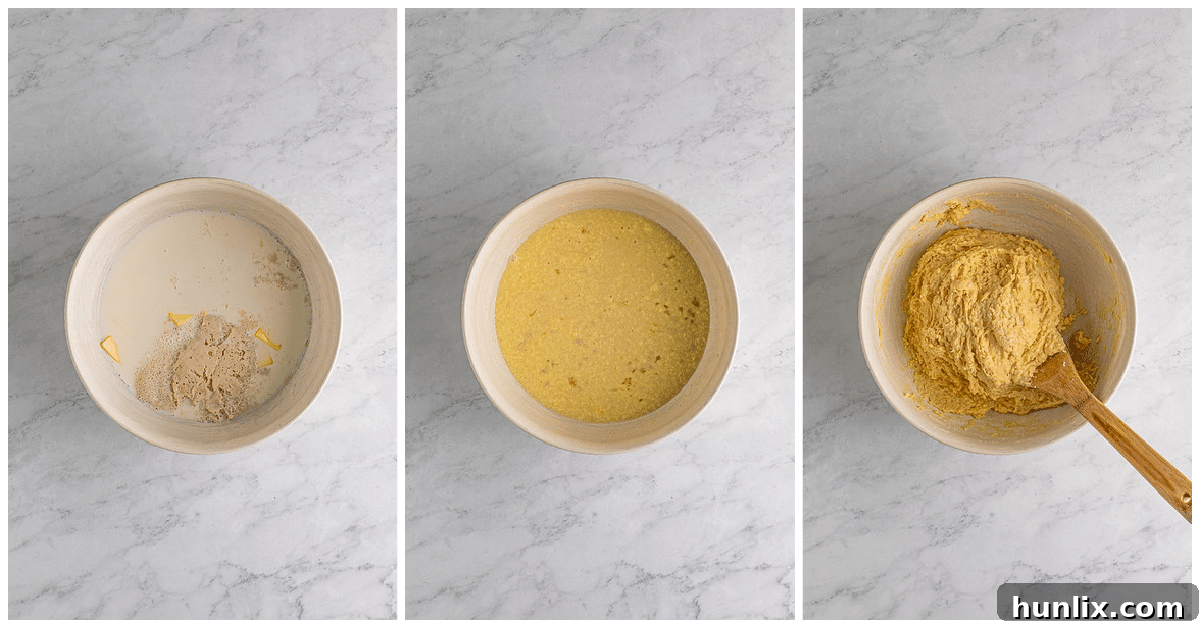 Images showing the dough-making process: mixing ingredients and the initial sticky dough consistency.