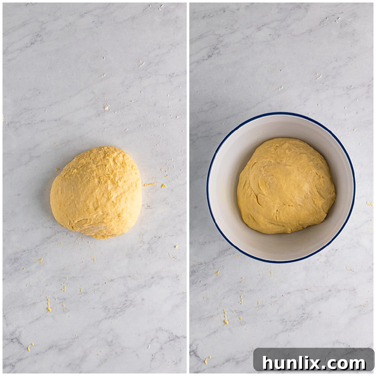 The dough during its first rise, showing it doubled in size in a covered bowl.