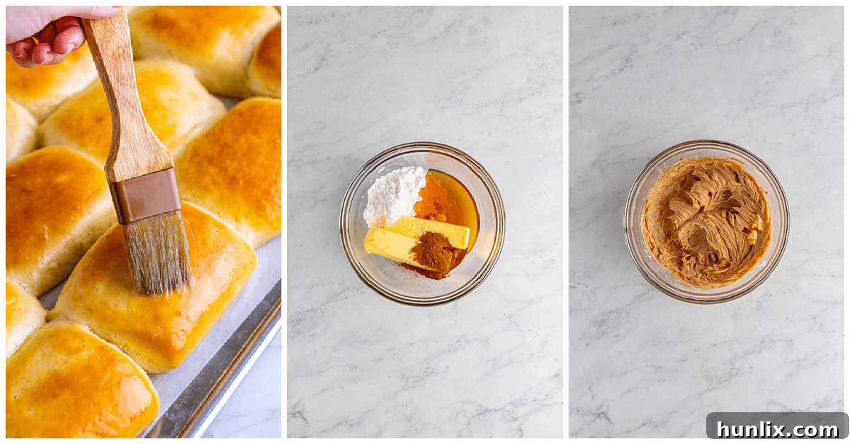 The final steps of making Texas Roadhouse rolls: freshly baked rolls, buttered, and cinnamon butter being whipped.