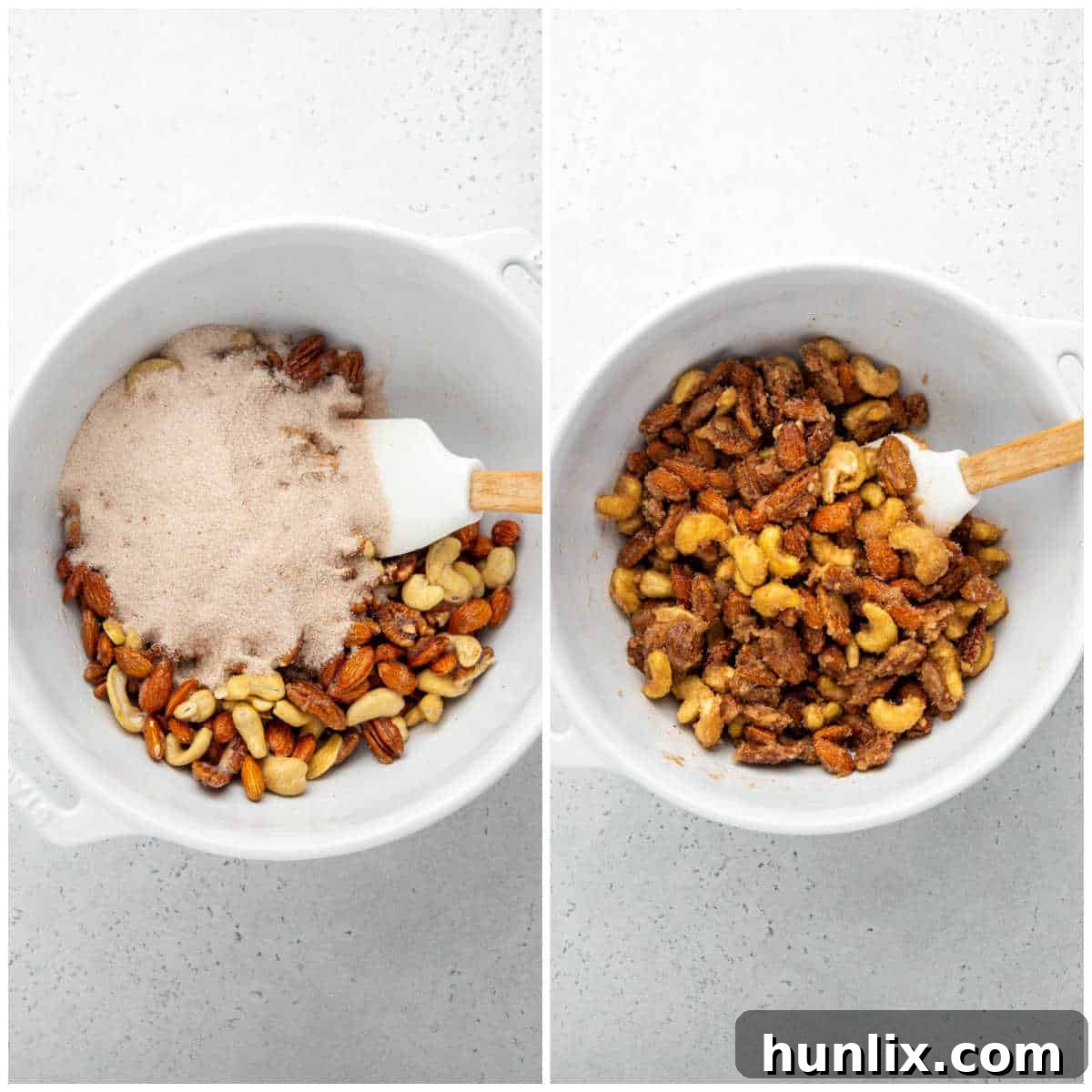 Step four: Mixed nuts coated in the egg and sugar mixture.