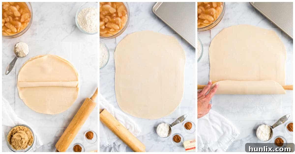 Sheet Pan Apple Pie 4 Image showing the initial steps of preparing the apple slab pie crust on a floured surface.