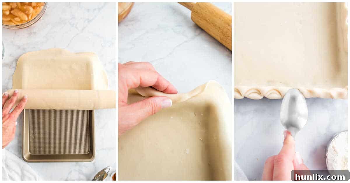 Sheet Pan Apple Pie 5 Image illustrating how to transfer the pie crust to the sheet pan and form the decorative edges.