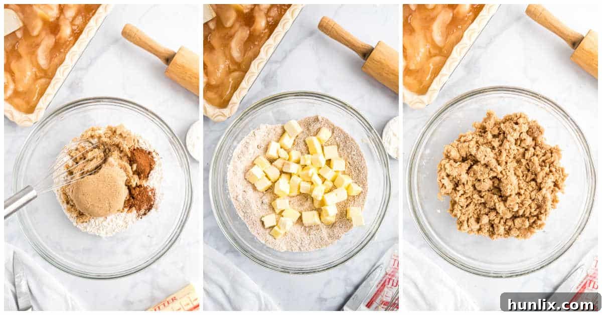 Sheet Pan Apple Pie 7 Image depicting the process of mixing the crumb topping ingredients: flour, brown sugar, spices, and cold butter.