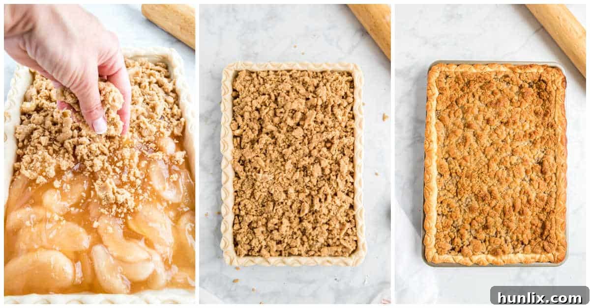 Sheet Pan Apple Pie 8 Image showing the apple slab pie with the crumb topping applied, ready for baking.