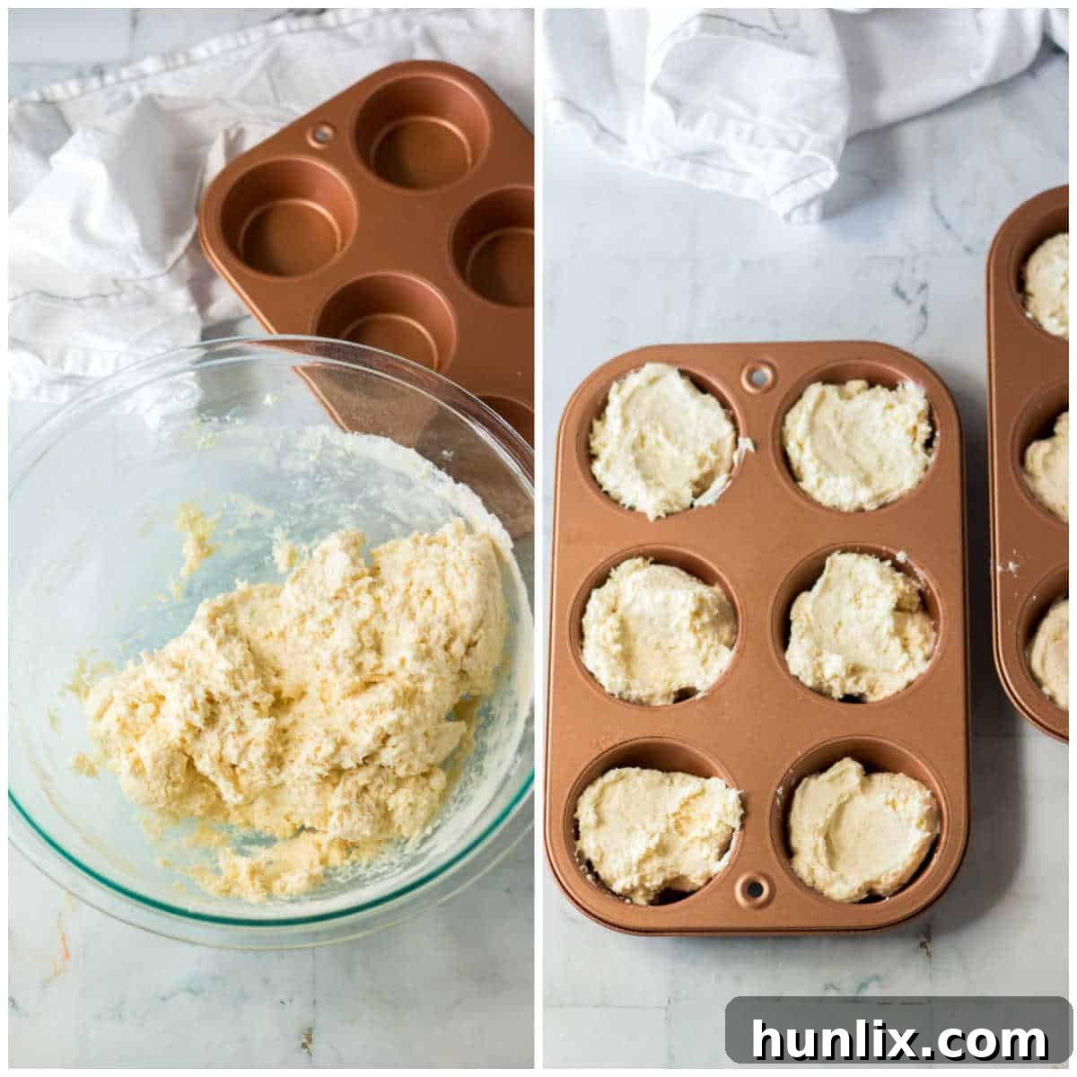 A collage showing the biscuit dough being spooned into a muffin tin, illustrating the simple shaping process.