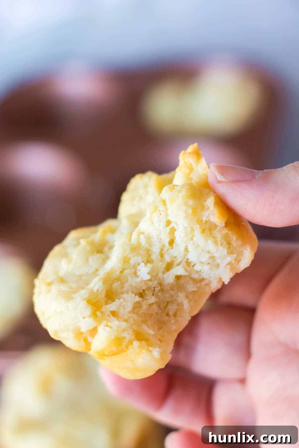 A hand holding a bitten sour cream biscuit, revealing its soft, fluffy interior.
