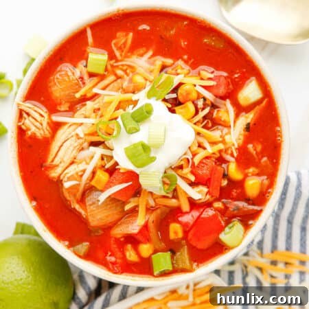 A bowl of chicken fajita soup with a spoon, highlighting the texture and vibrant colors of the ingredients.