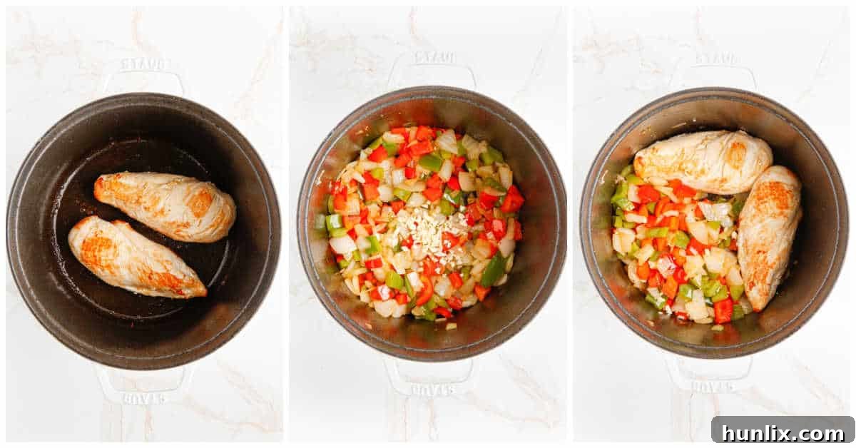 Progression photos showing diced vegetables being sautéed in a pot for chicken fajita soup.