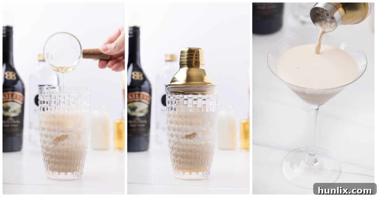A collage showing the process of making a gingerbread martini, from shaking ingredients in a cocktail shaker to pouring it into a martini glass.