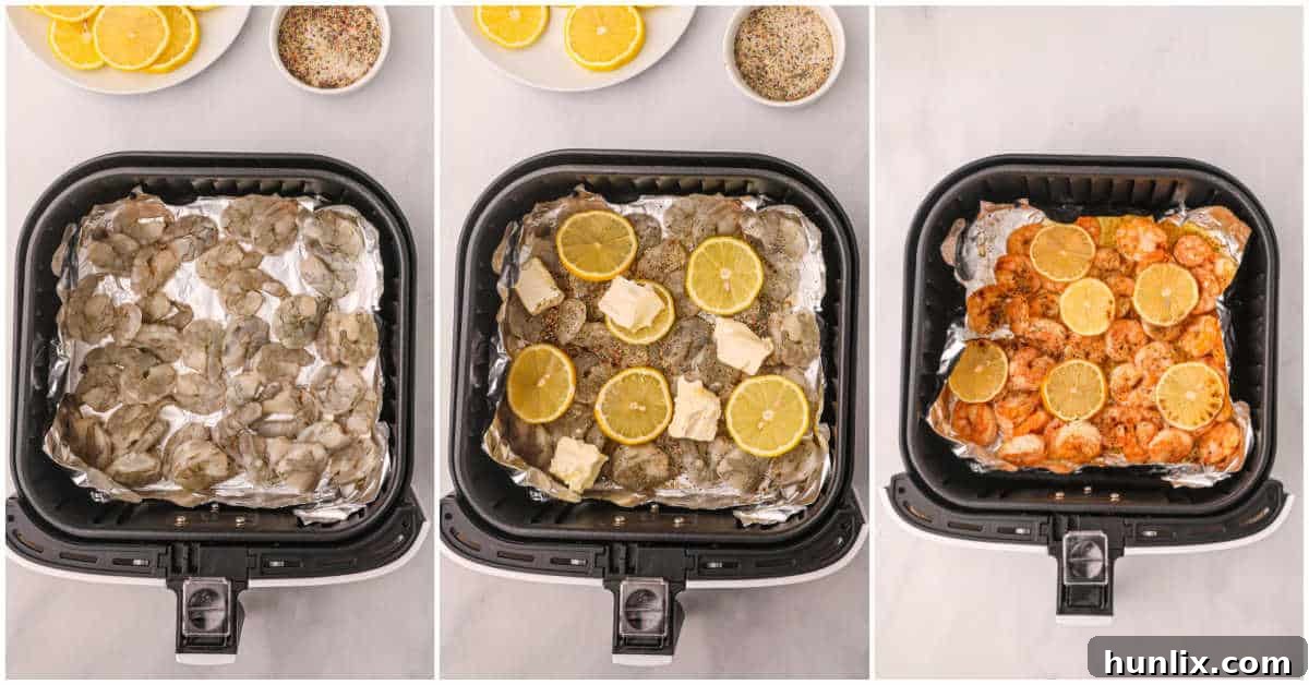 Crispy Air Fryer Shrimp 4 A collage showing the preparation and cooking process of air fryer shrimp in an air fryer basket.