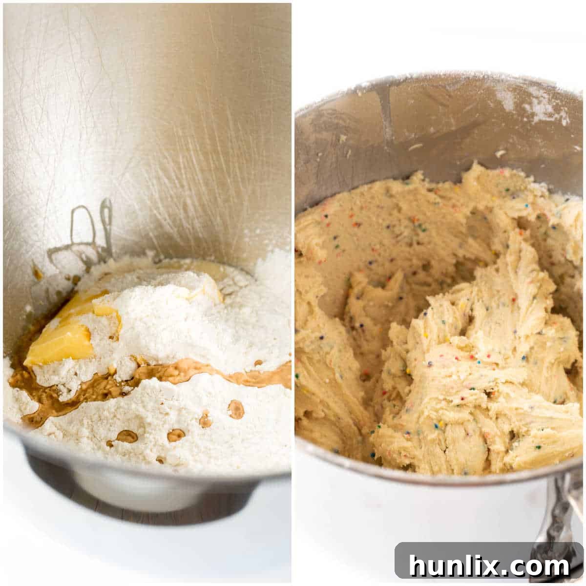 A collage demonstrating the initial stages of preparing sweetened condensed milk cookie dough, including mixing and adding ingredients.