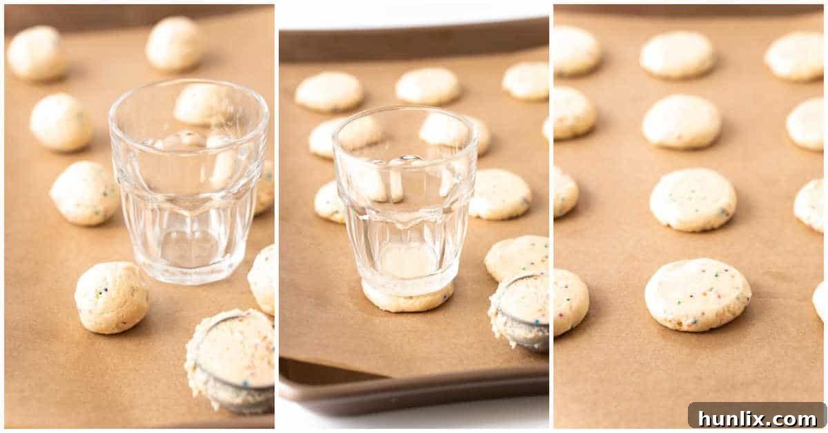 A collage showing the process of placing shaped sweetened condensed milk cookie dough onto a baking sheet, ready for the oven.