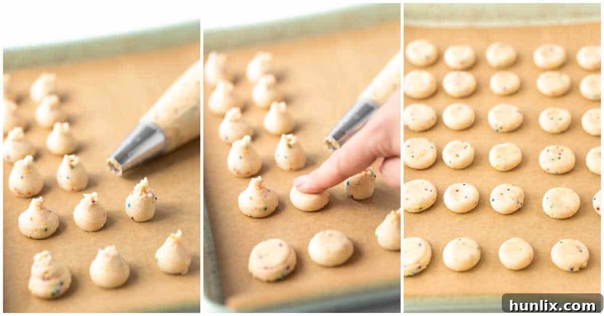 A collage illustrating the technique for creating mini sweetened condensed milk cookies using a piping bag and tip.