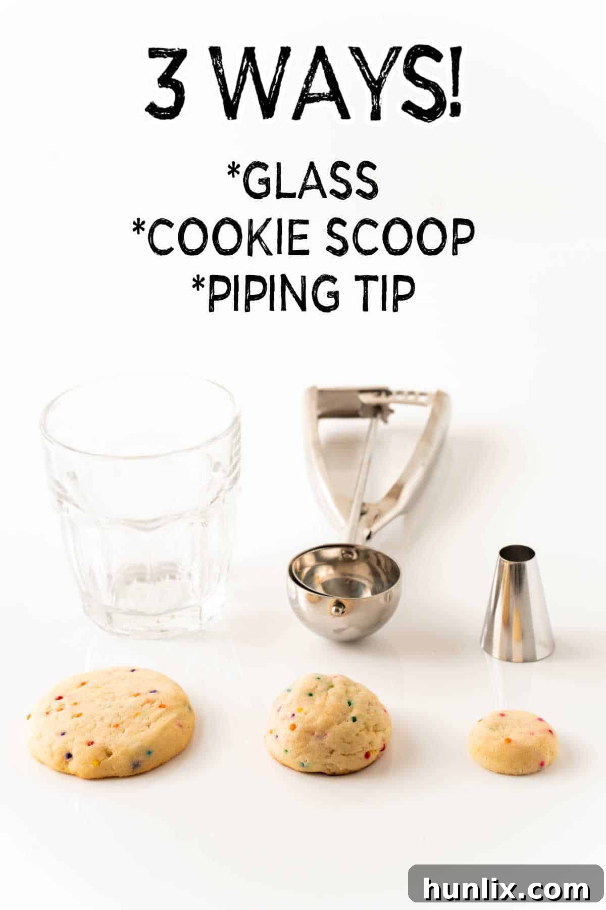 A collage showcasing three different ways to prepare sweetened condensed milk cookies: standard, flattened, and piped mini cookies.