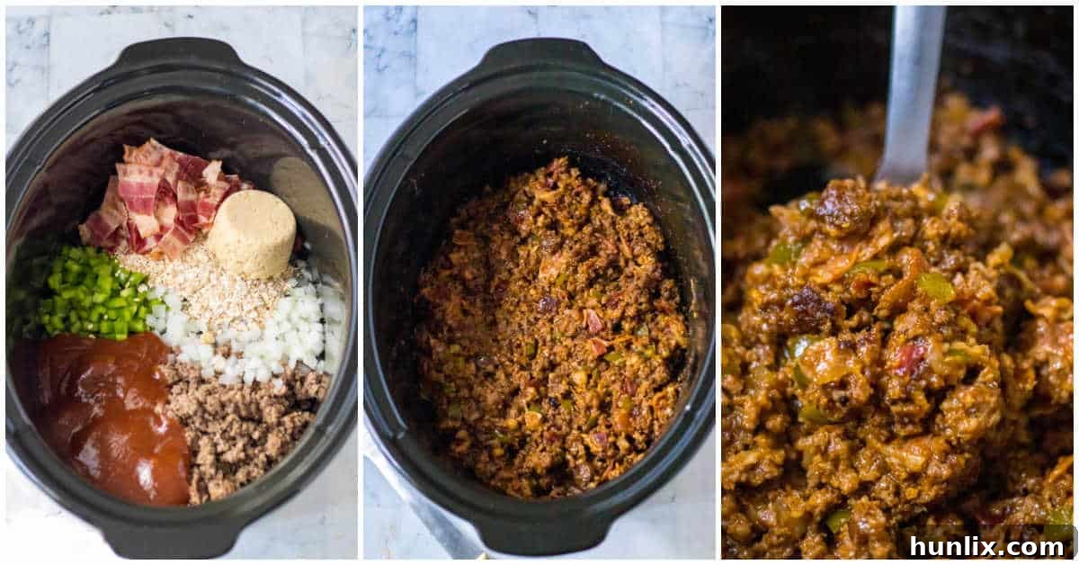 Steps showing the preparation of slow cooker rodeo sloppy joes, including combining ingredients and slow cooking.