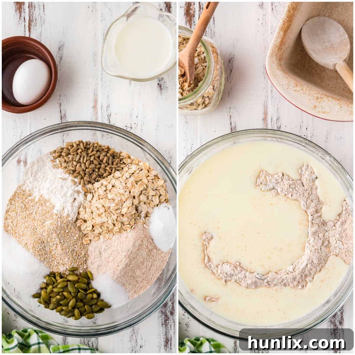 A series of images showing the initial steps of preparing Irish brown bread, including mixing dry ingredients in a bowl.