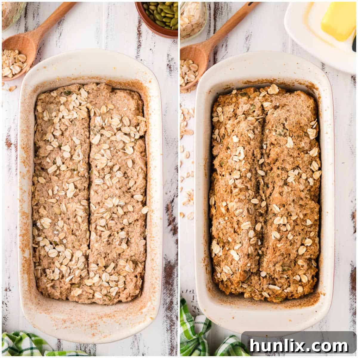 A series of images showing the final steps of preparing Irish brown bread, including pouring batter into a loaf pan and scoring the top.