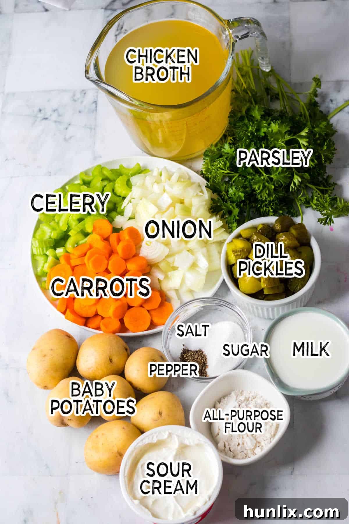 Ingredients to make slow cooker dill pickle soup.