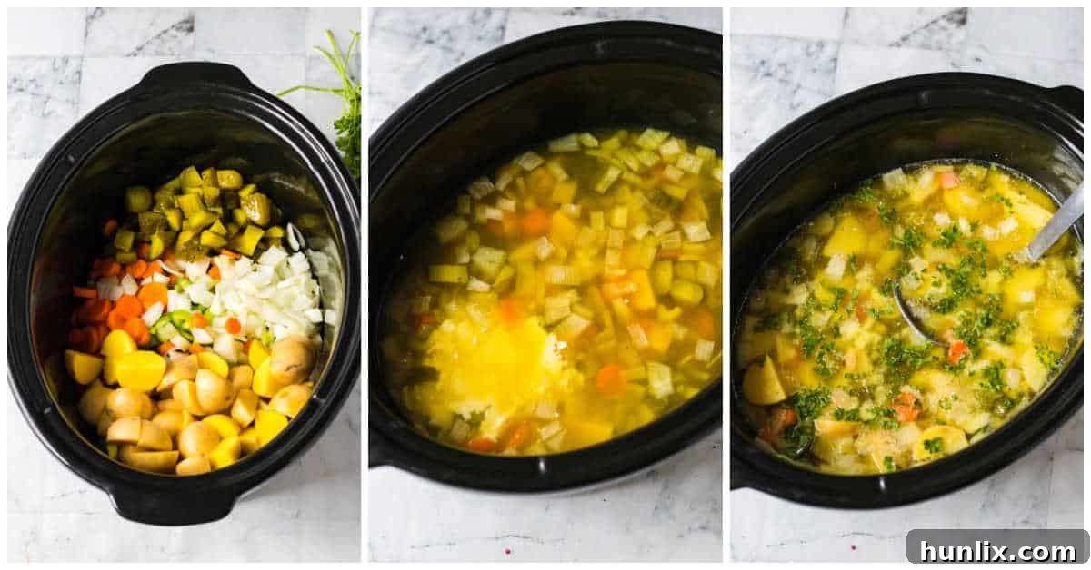 Steps to make slow cooker dill pickle soup.