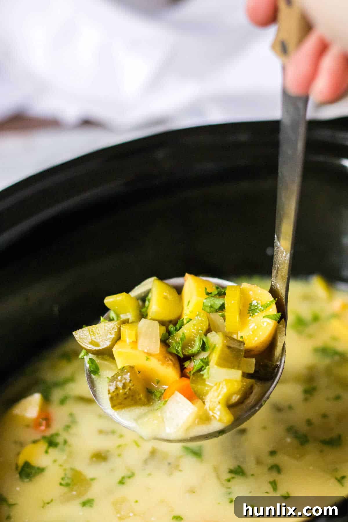 Dill pickle soup in a ladle.