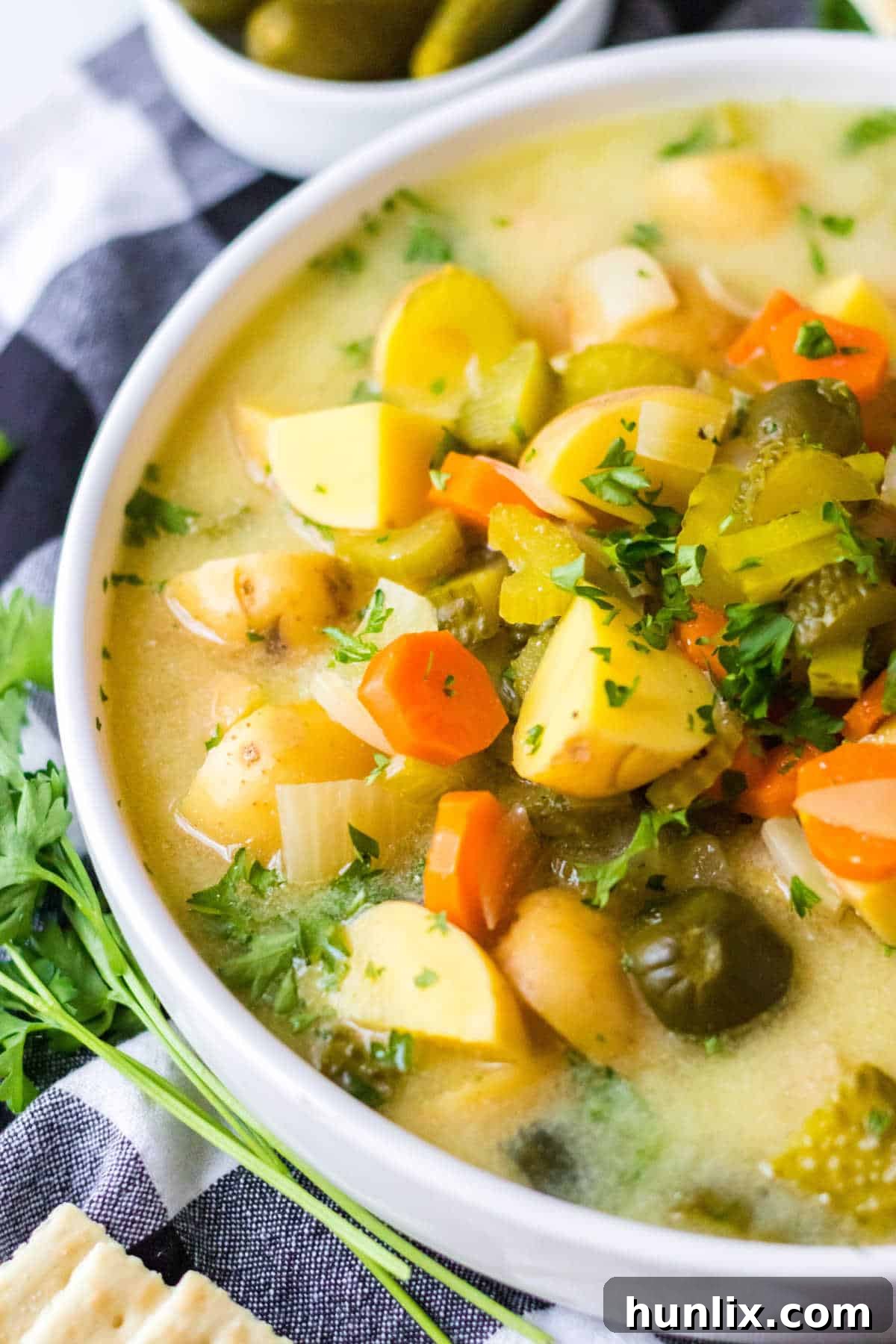 A bowl of dill pickle soup.