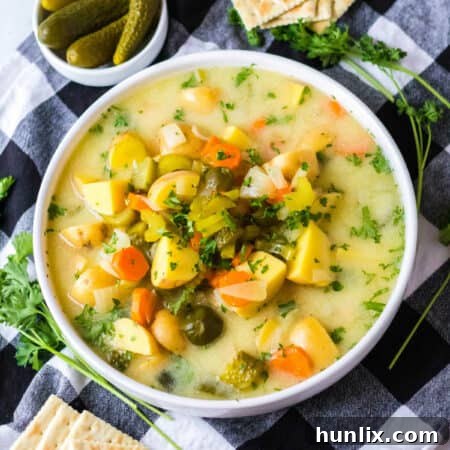 A bowl of dill pickle soup.