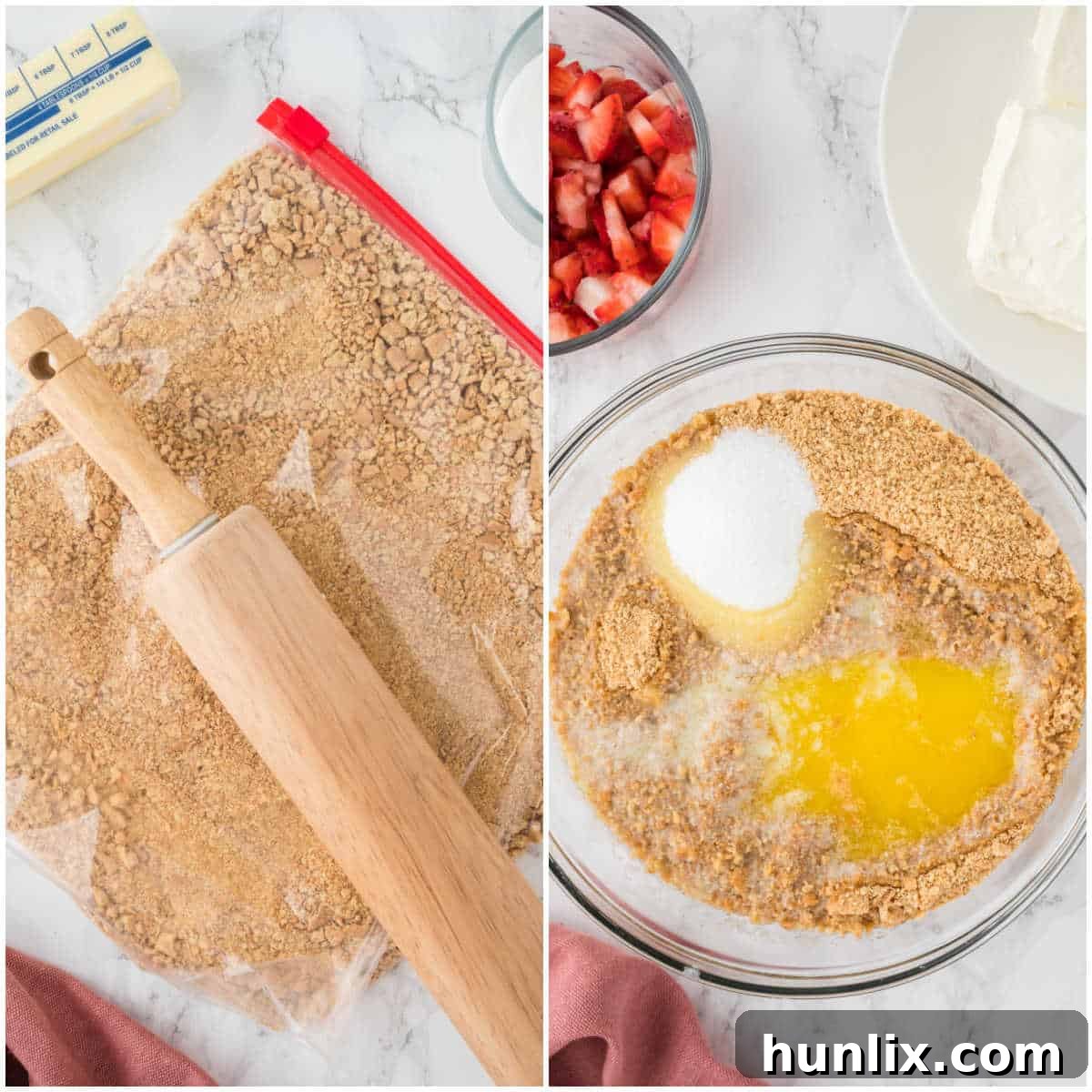A visual collage showing the steps for making the graham cracker crust, from crushing crackers to pressing them into a pan.