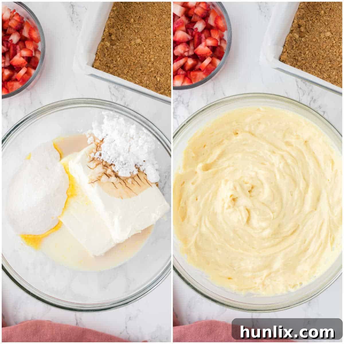 A visual collage illustrating the process of making the cheesecake filling, showing the creamy texture.