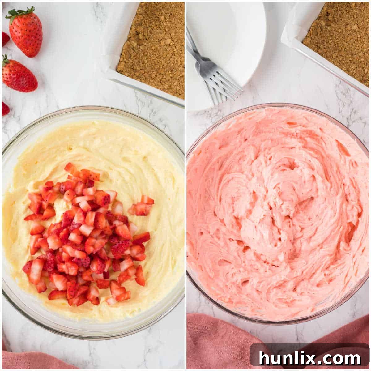 A visual collage demonstrating the step of folding fresh chopped strawberries into the smooth cheesecake filling.