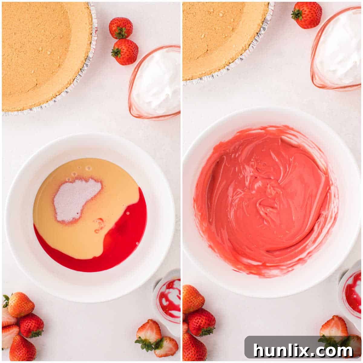 Neon Nectar Pie 4 Close-up of sweetened condensed milk, strawberry syrup, and Kool-Aid powder being mixed in a bowl, showing the vibrant pink color developing.