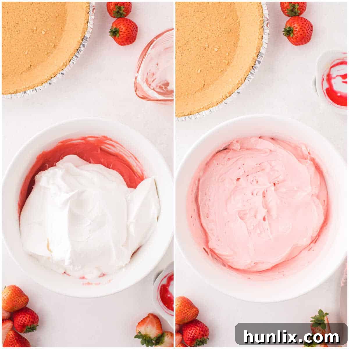 Neon Nectar Pie 5 The pink Kool-Aid pie filling being gently folded with whipped topping in a bowl, creating a smooth and airy consistency.