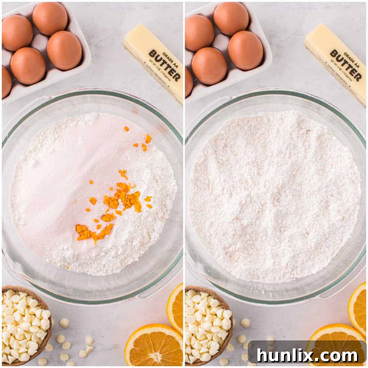 A collage showing the process of mixing dry ingredients in a bowl for orange creamsicle cookies.
